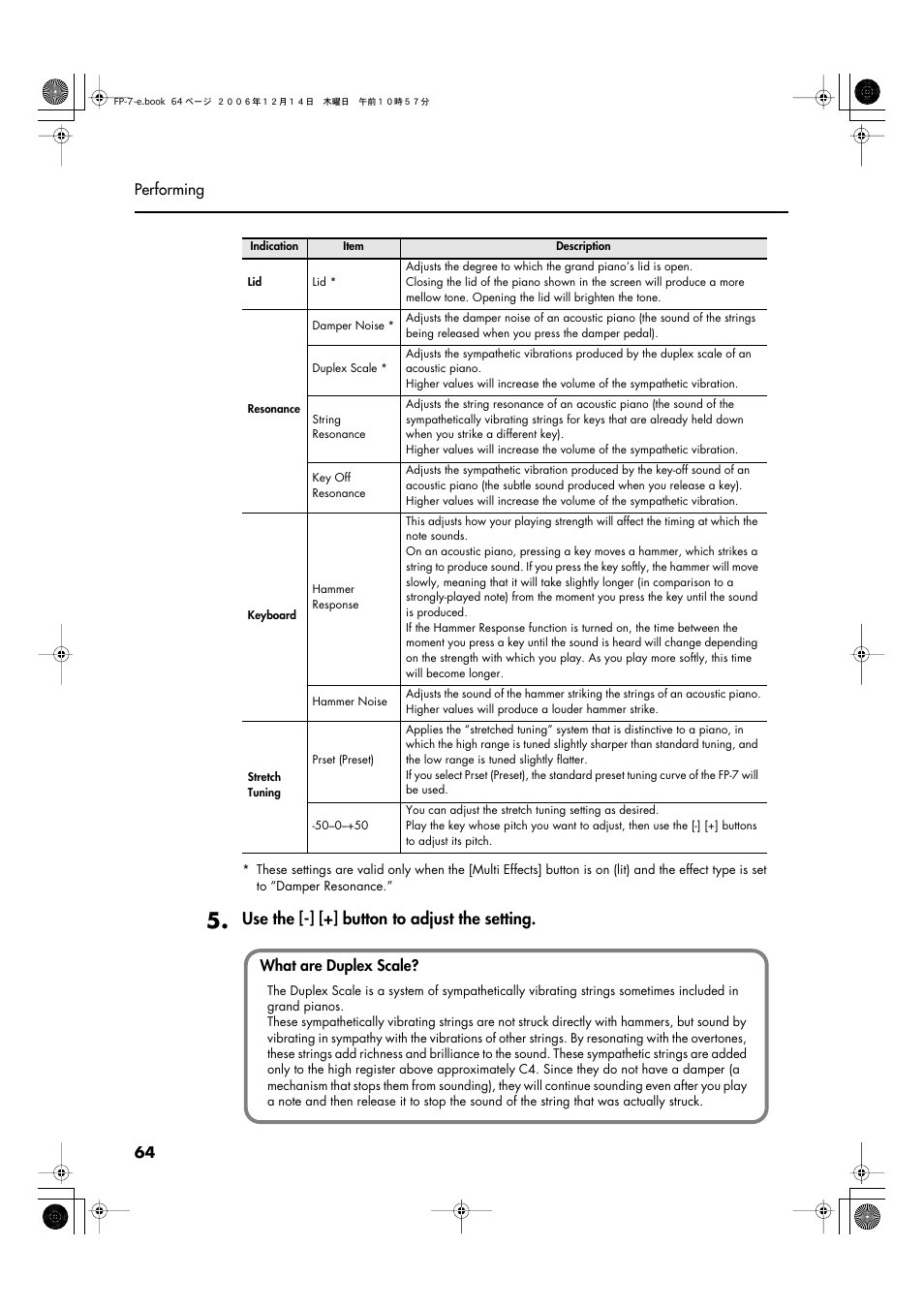 Use the [-] [+] button to adjust the setting | Roland FP-7 User Manual | Page 64 / 188