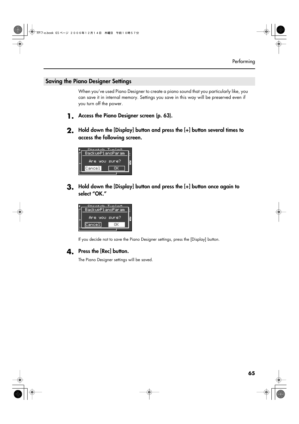 Saving the piano designer settings | Roland FP-7 User Manual | Page 65 / 188