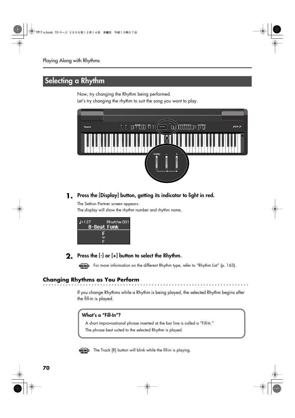 Selecting a rhythm | Roland FP-7 User Manual | Page 70 / 188