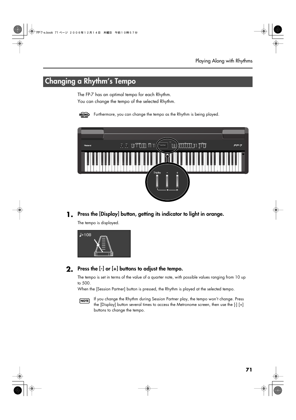 Changing a rhythm’s tempo | Roland FP-7 User Manual | Page 71 / 188