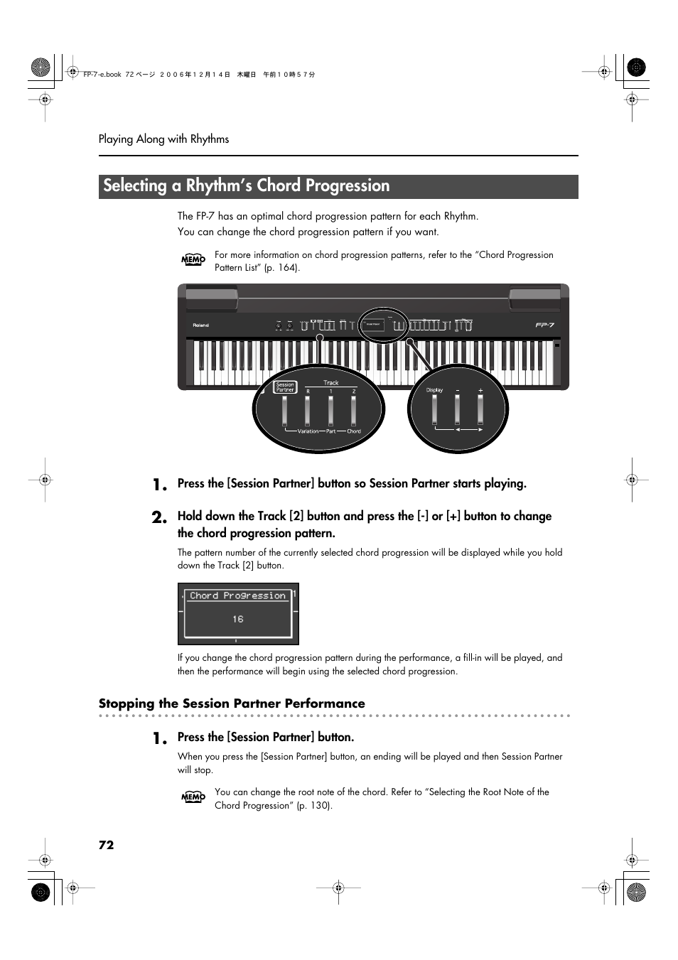 Selecting a rhythm’s chord progression, Selecting a rhythm’s chord progression” (p. 72) | Roland FP-7 User Manual | Page 72 / 188