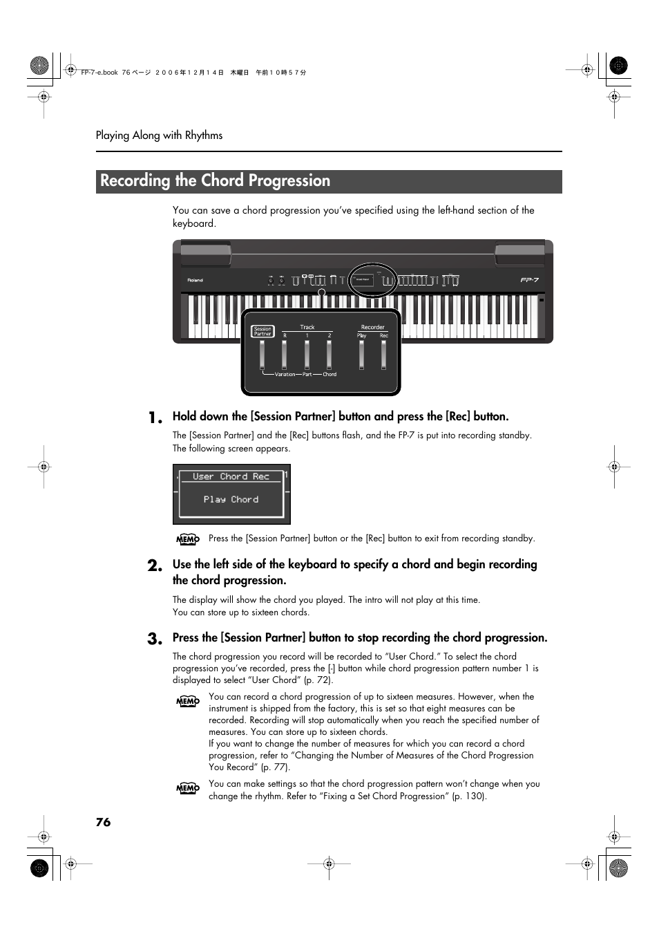 Recording the chord progression | Roland FP-7 User Manual | Page 76 / 188
