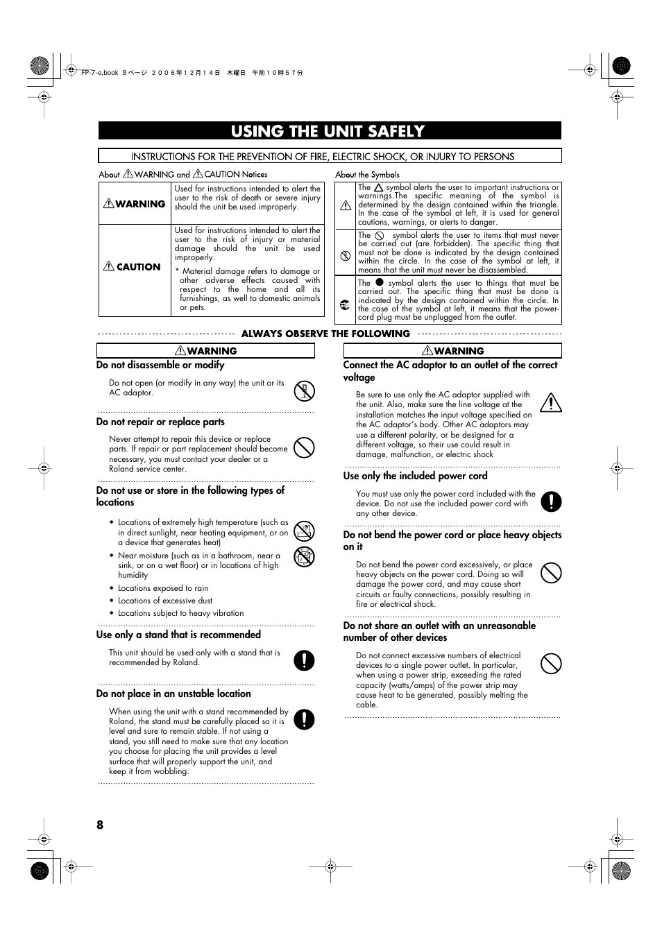 Using the unit safely | Roland FP-7 User Manual | Page 8 / 188