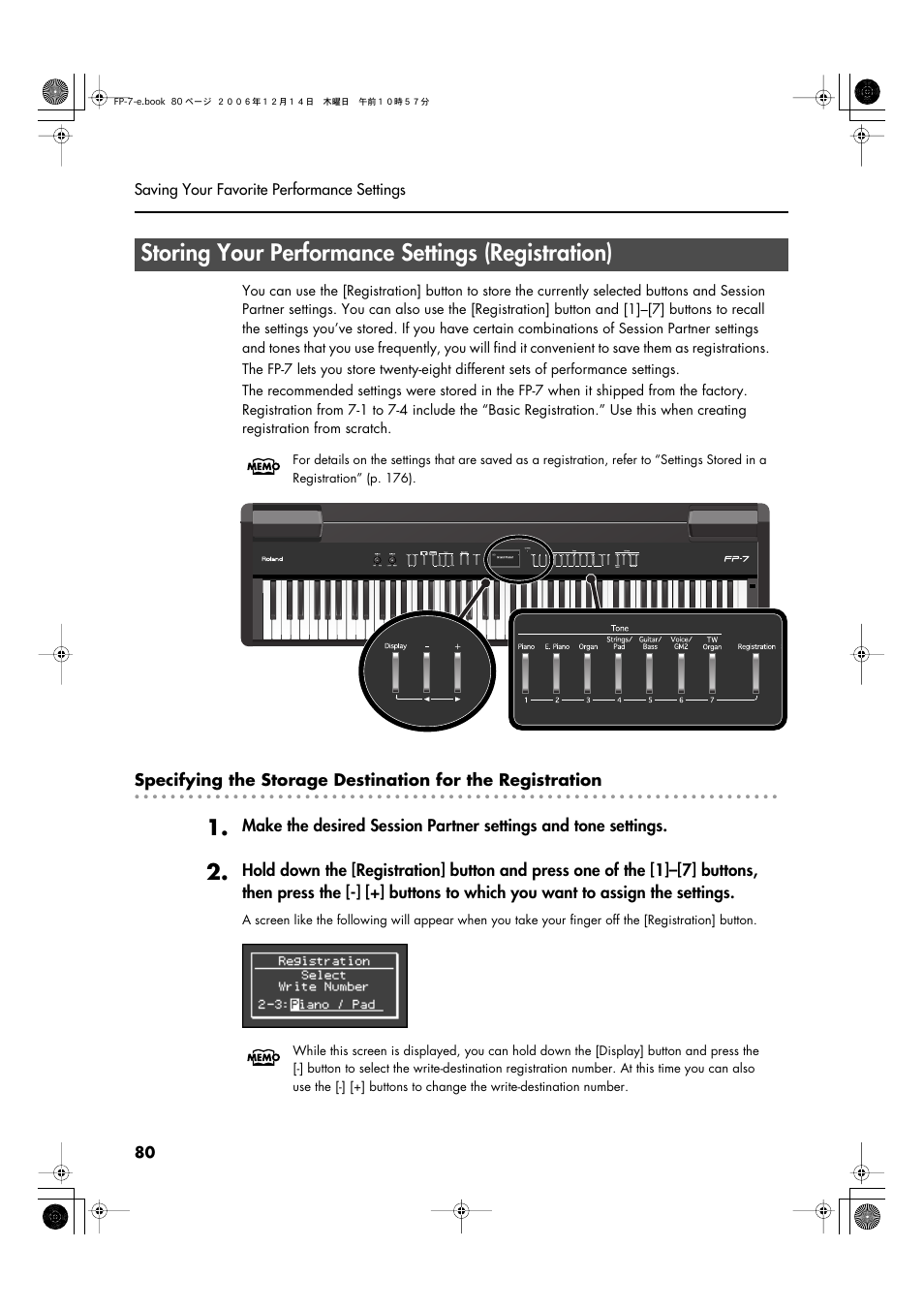 Storing your performance settings (registration) | Roland FP-7 User Manual | Page 80 / 188
