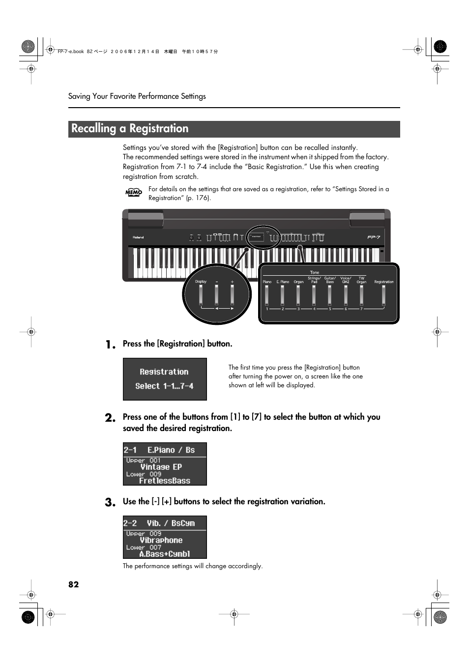 Recalling a registration | Roland FP-7 User Manual | Page 82 / 188