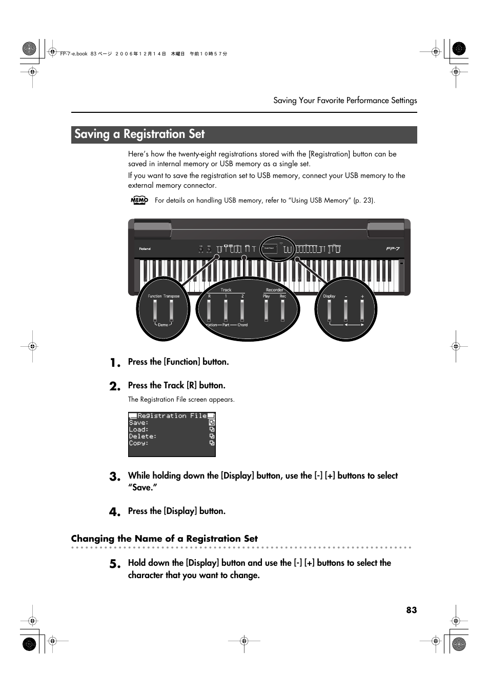 Saving a registration set | Roland FP-7 User Manual | Page 83 / 188
