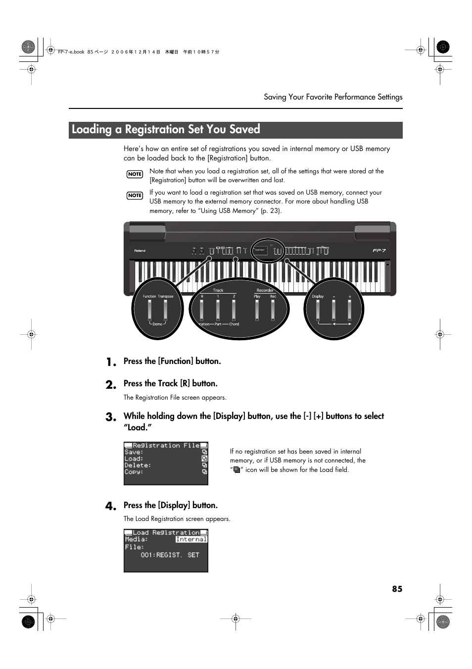 Loading a registration set you saved | Roland FP-7 User Manual | Page 85 / 188