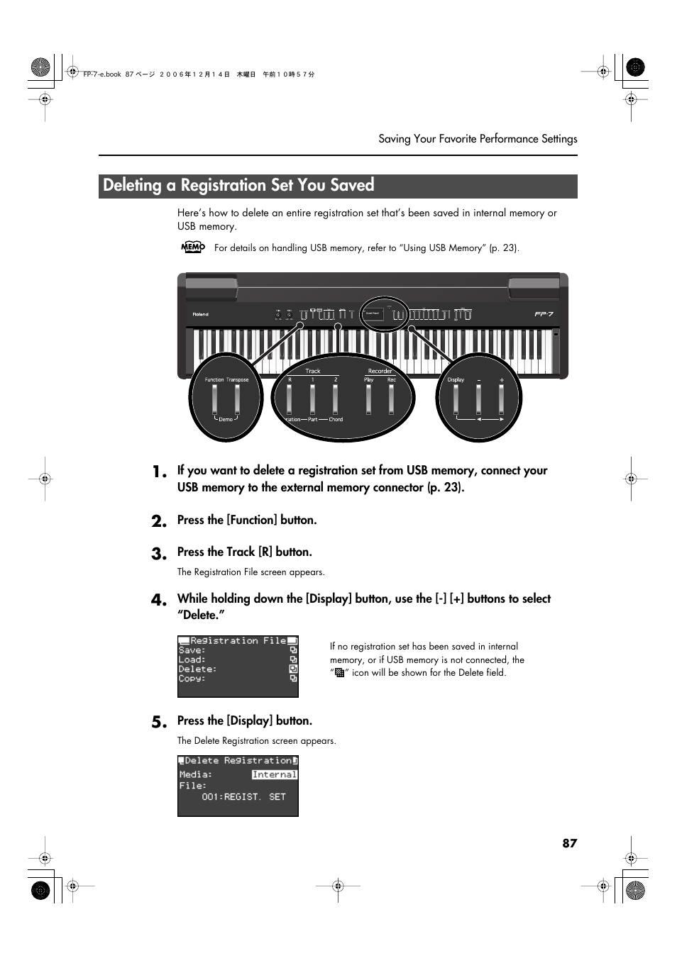 Deleting a registration set you saved | Roland FP-7 User Manual | Page 87 / 188