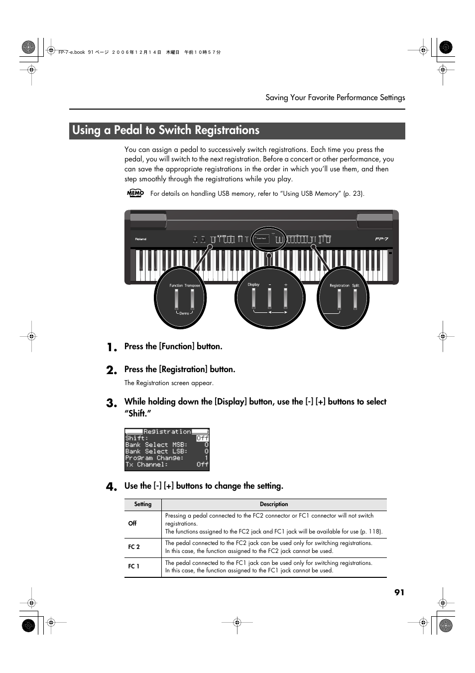 Using a pedal to switch registrations, Using a pedal to switch registrations” (p. 91), A pedal to switch registrations” (p. 91) | Different function (p. 91, p. 118) | Roland FP-7 User Manual | Page 91 / 188
