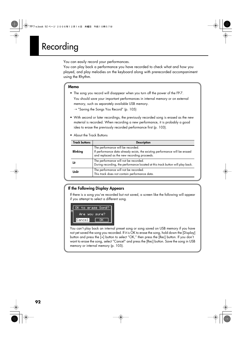 Recording, Recording (p. 92) | Roland FP-7 User Manual | Page 92 / 188