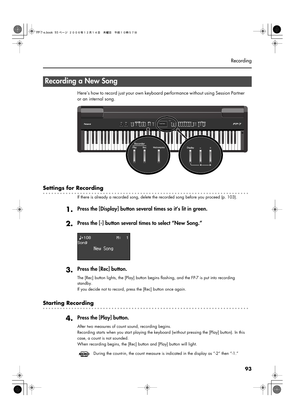 Recording a new song | Roland FP-7 User Manual | Page 93 / 188