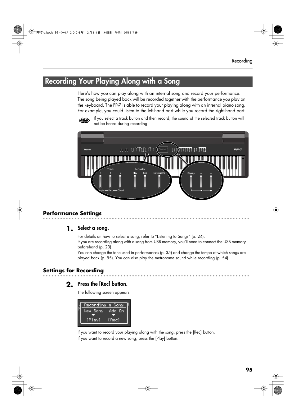 Recording your playing along with a song | Roland FP-7 User Manual | Page 95 / 188