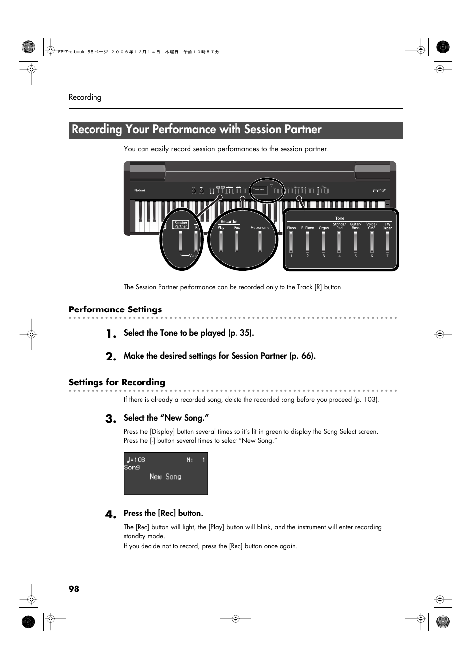 Recording your performance with session partner | Roland FP-7 User Manual | Page 98 / 188