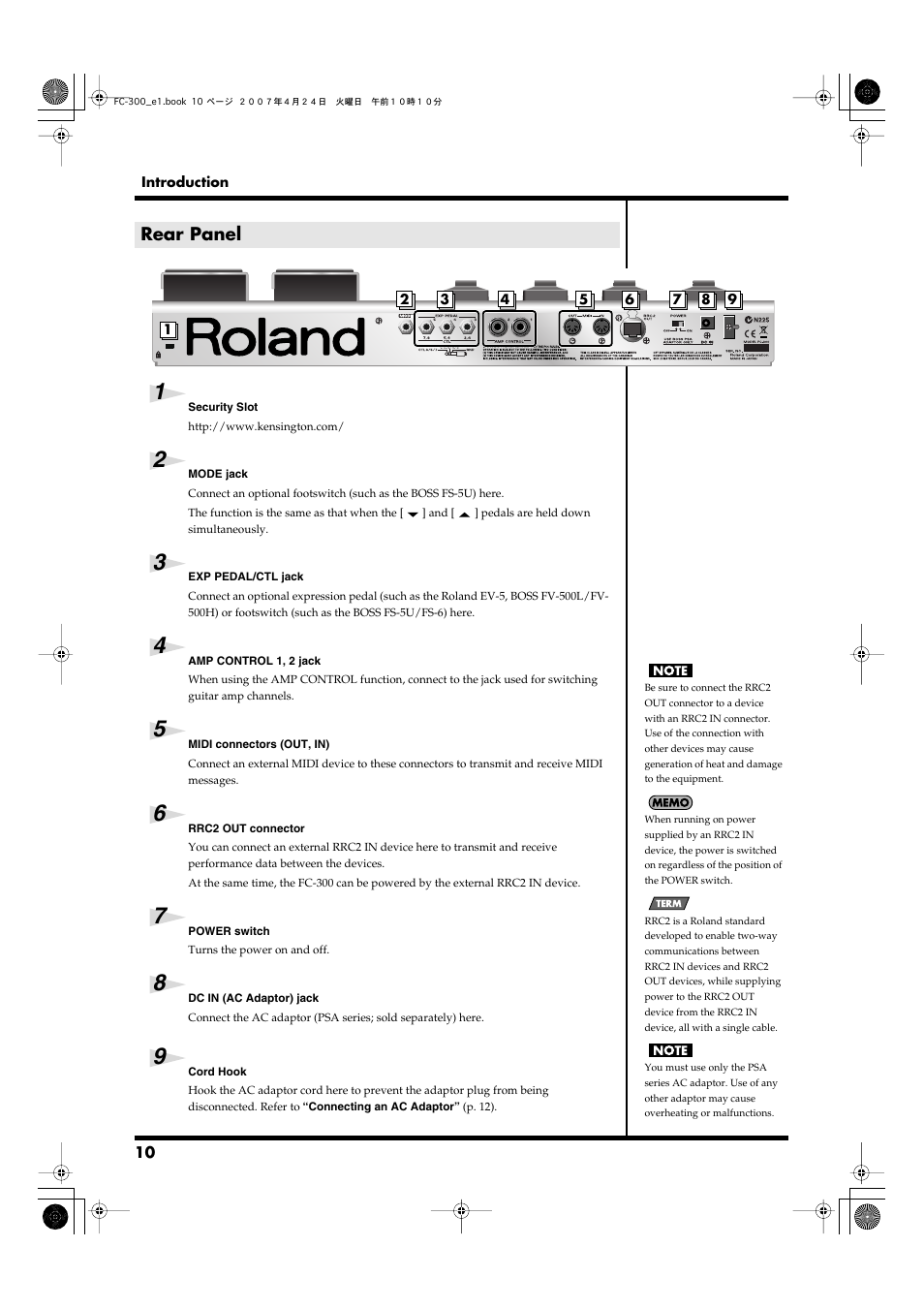 Rear panel | Roland FC-300 User Manual | Page 10 / 72