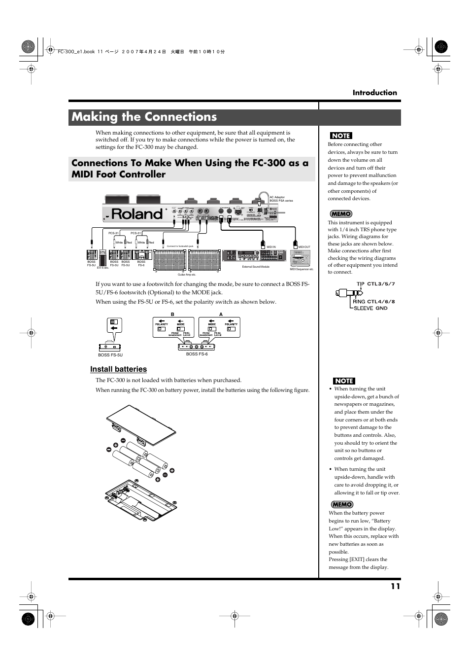 Making the connections, Install batteries, Introduction | Roland FC-300 User Manual | Page 11 / 72