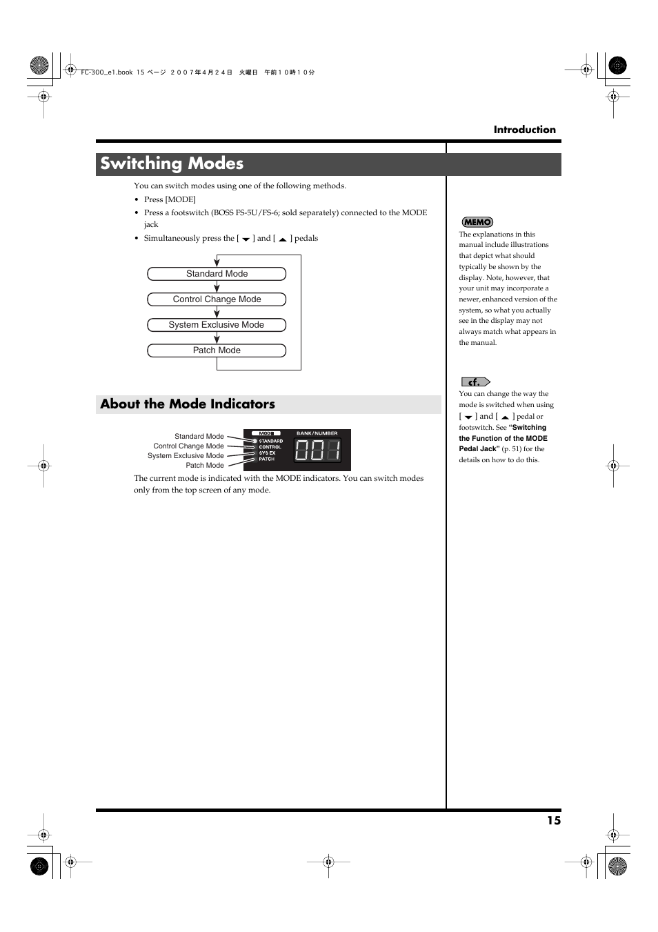 Switching modes, About the mode indicators | Roland FC-300 User Manual | Page 15 / 72