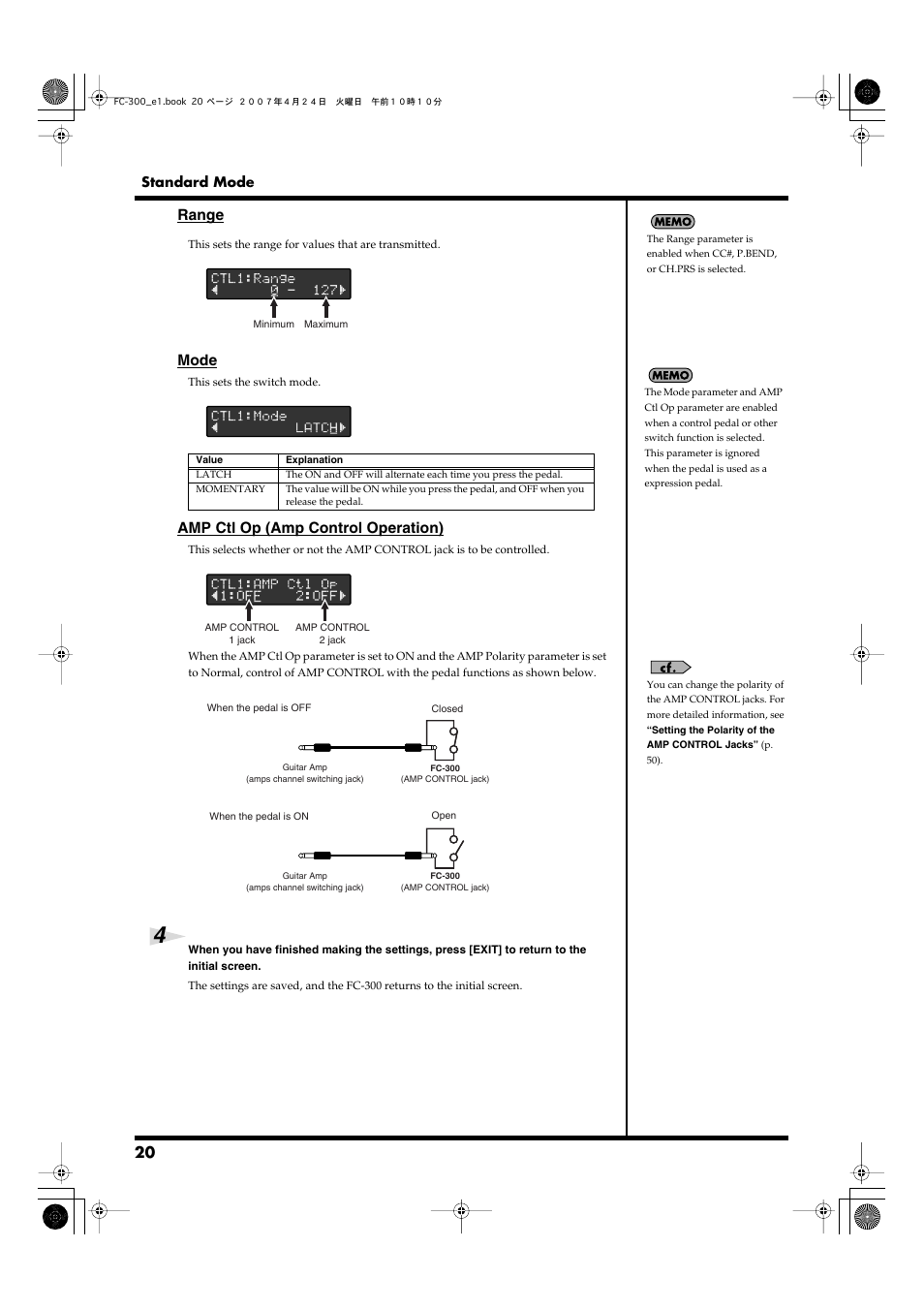 Mode” (p. 20), Range, Mode | Amp ctl op (amp control operation) | Roland FC-300 User Manual | Page 20 / 72