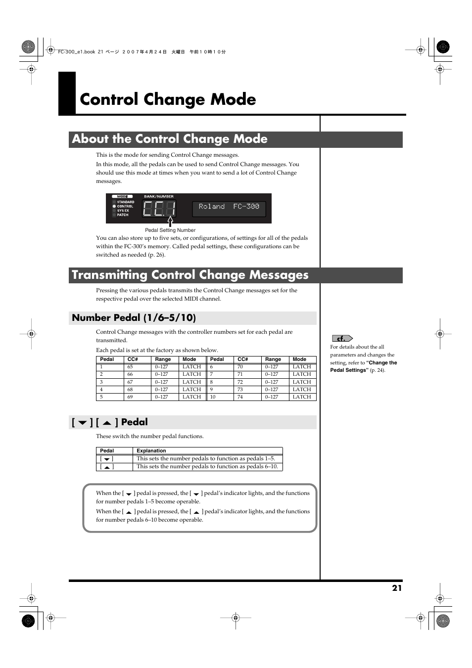 Control change mode, About the control change mode, Transmitting control change messages | Number pedal (1/6–5/10), Pedal, Pedals to make the settings, Pedal step size, Control change mode (p. 21) | Roland FC-300 User Manual | Page 21 / 72