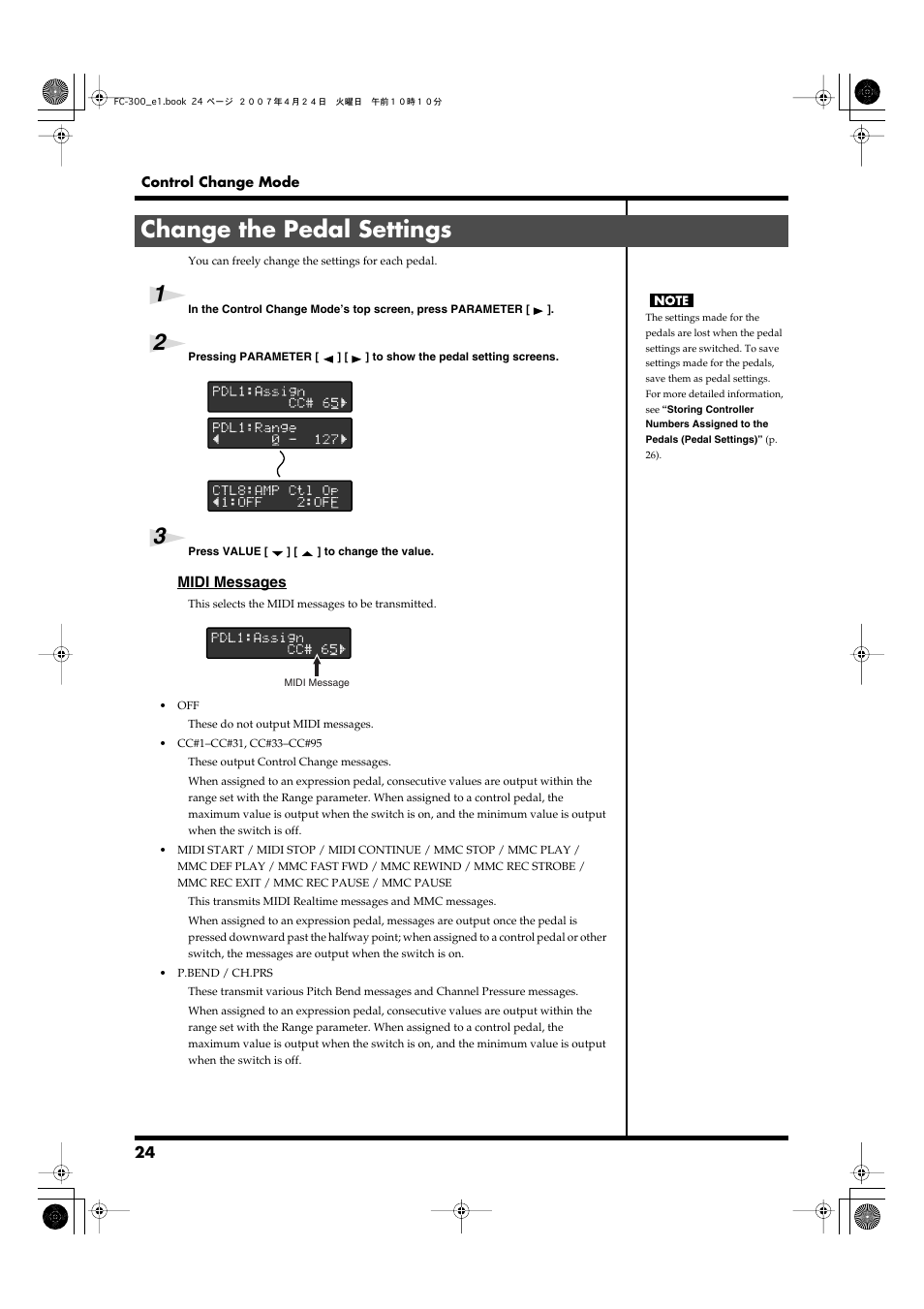 Change the pedal settings, Setting, refer to “change the pedal settings, P. 24) | Jacks – see “change the pedal settings | Roland FC-300 User Manual | Page 24 / 72