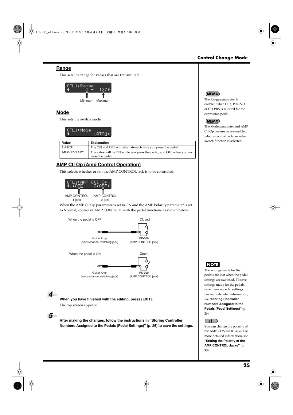 Depress it – see “mode” (p. 25), Range, Mode | Amp ctl op (amp control operation) | Roland FC-300 User Manual | Page 25 / 72