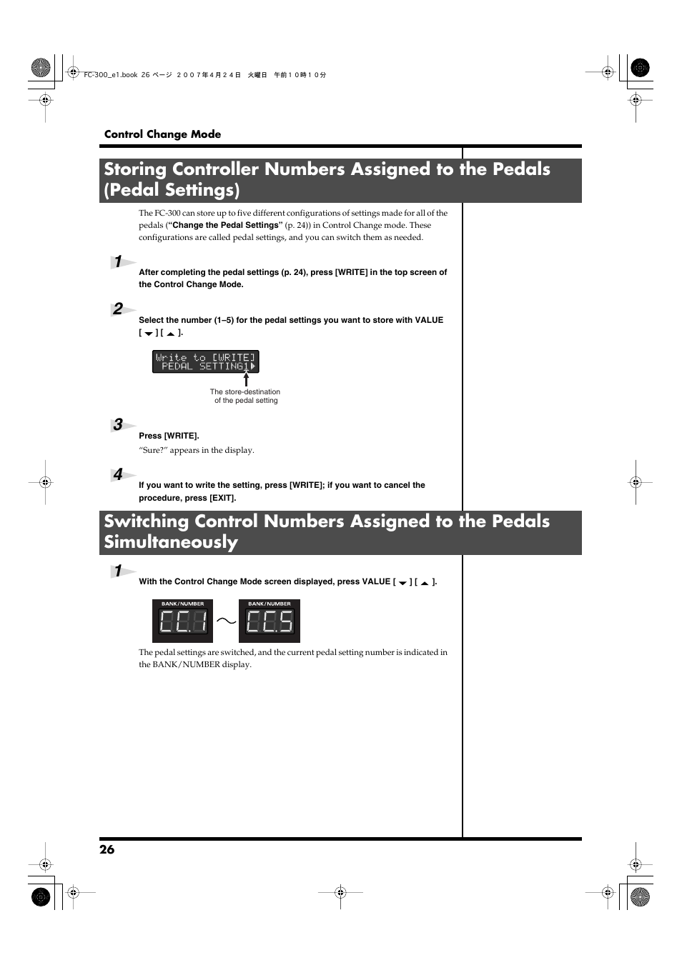 See “storing controller numbers assigned to the, Pedals (pedal settings), Storing controller numbers assigned to the | Roland FC-300 User Manual | Page 26 / 72