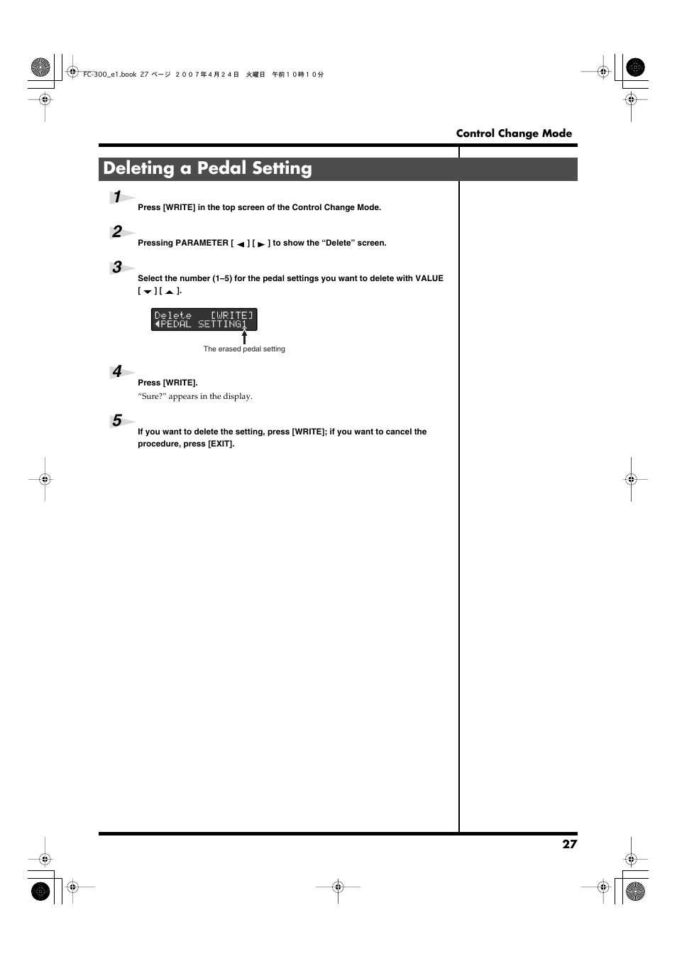 Deleting a pedal setting | Roland FC-300 User Manual | Page 27 / 72