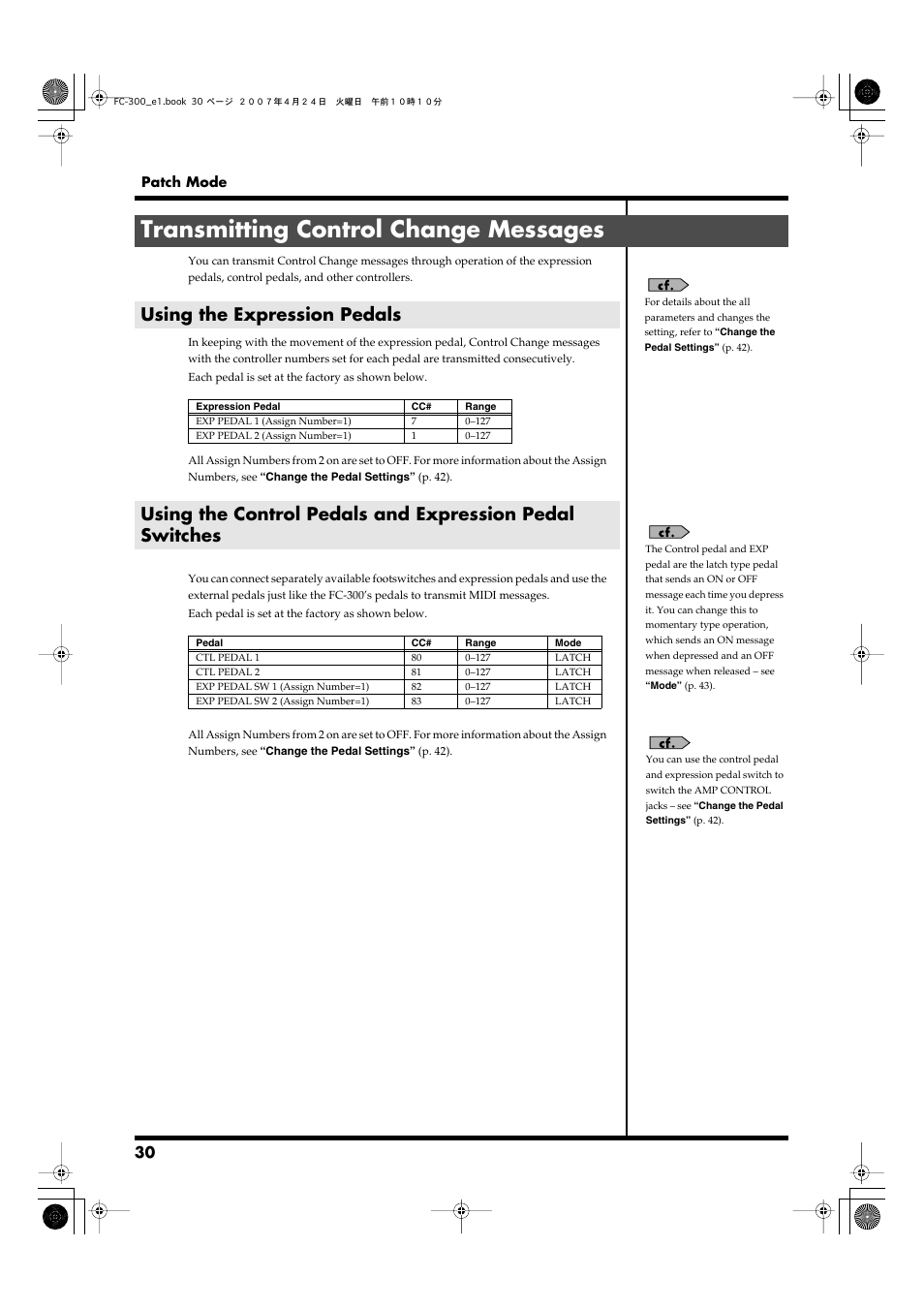 Transmitting control change messages, Using the expression pedals | Roland FC-300 User Manual | Page 30 / 72