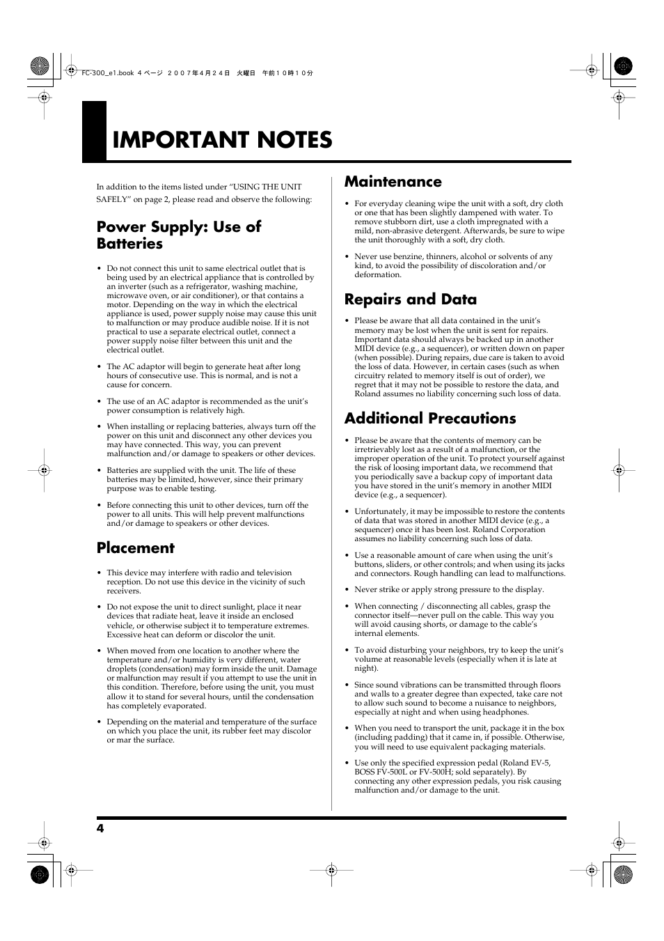 Important notes, Power supply: use of batteries, Placement | Maintenance, Repairs and data, Additional precautions | Roland FC-300 User Manual | Page 4 / 72