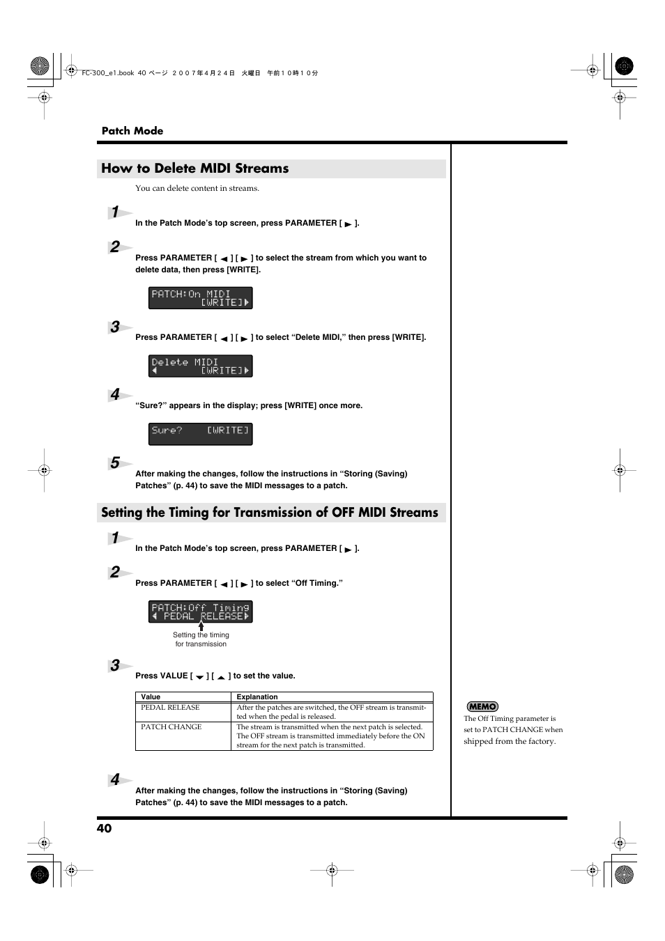 How to delete midi streams, Off midi streams, P. 40) | Roland FC-300 User Manual | Page 40 / 72