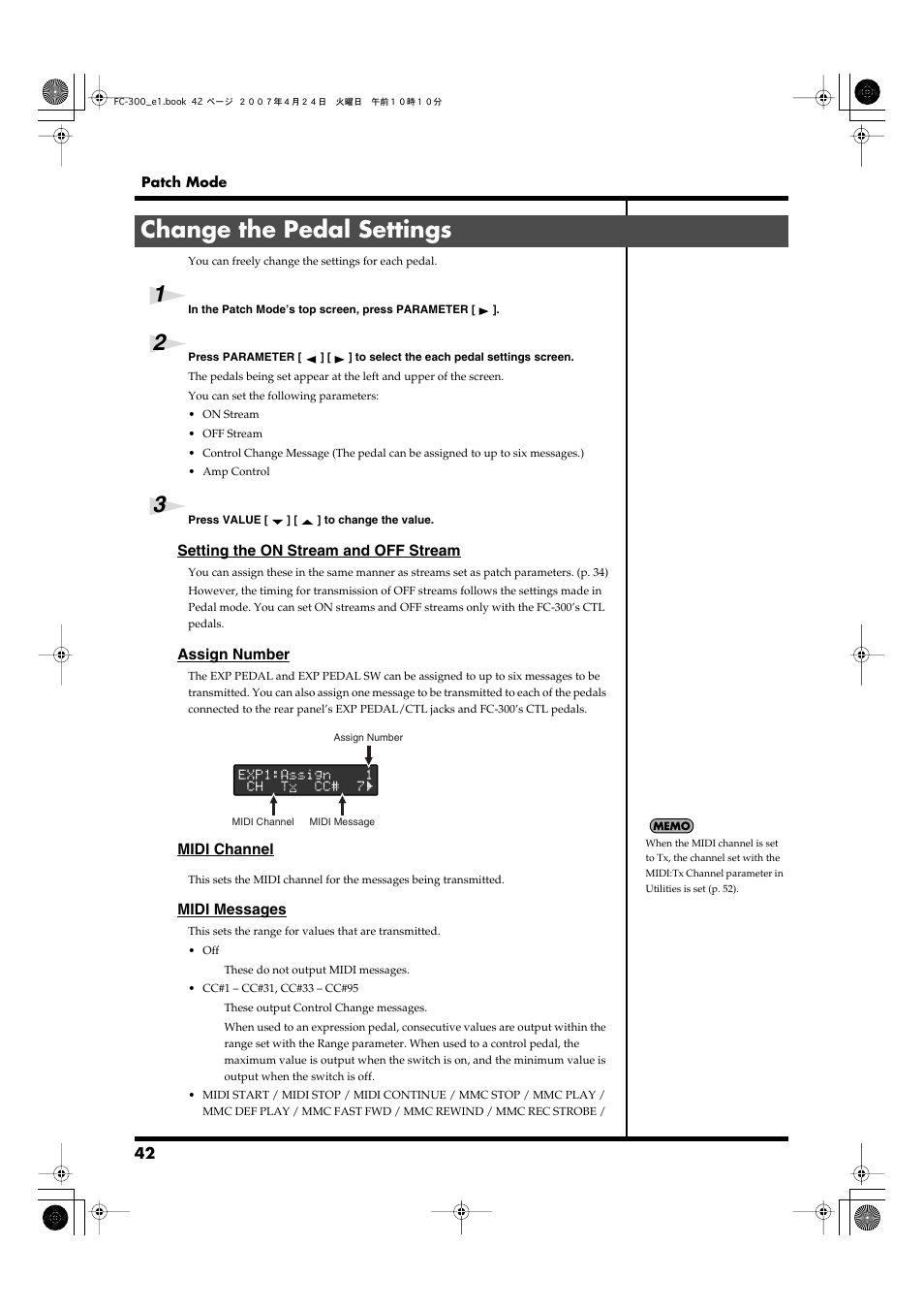Change the pedal settings, Numbers, see, P. 42) | Setting, refer to “change the pedal settings, Acks – see “change the pedal settings, Refer to “change the pedal settings | Roland FC-300 User Manual | Page 42 / 72