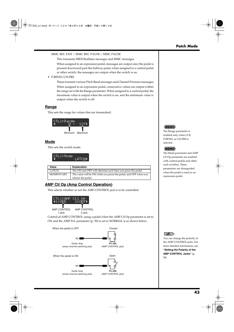 Mode, P. 43), Range | Amp ctl op (amp control operation), Patch mode | Roland FC-300 User Manual | Page 43 / 72