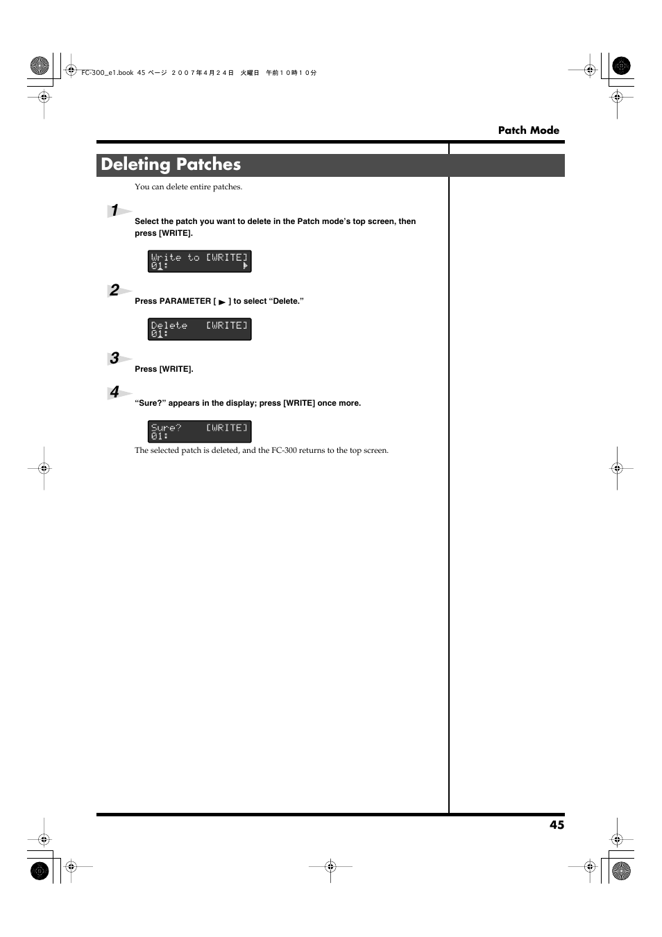 Deleting patches | Roland FC-300 User Manual | Page 45 / 72