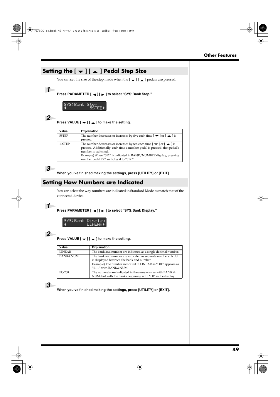 Setting the [] [] pedal step size, Setting how numbers are indicated, Setting the | P. 49), Setting how numbers are, Indicated, Bank/number display (p. 49), Setting the [ ] [ ] pedal step size | Roland FC-300 User Manual | Page 49 / 72