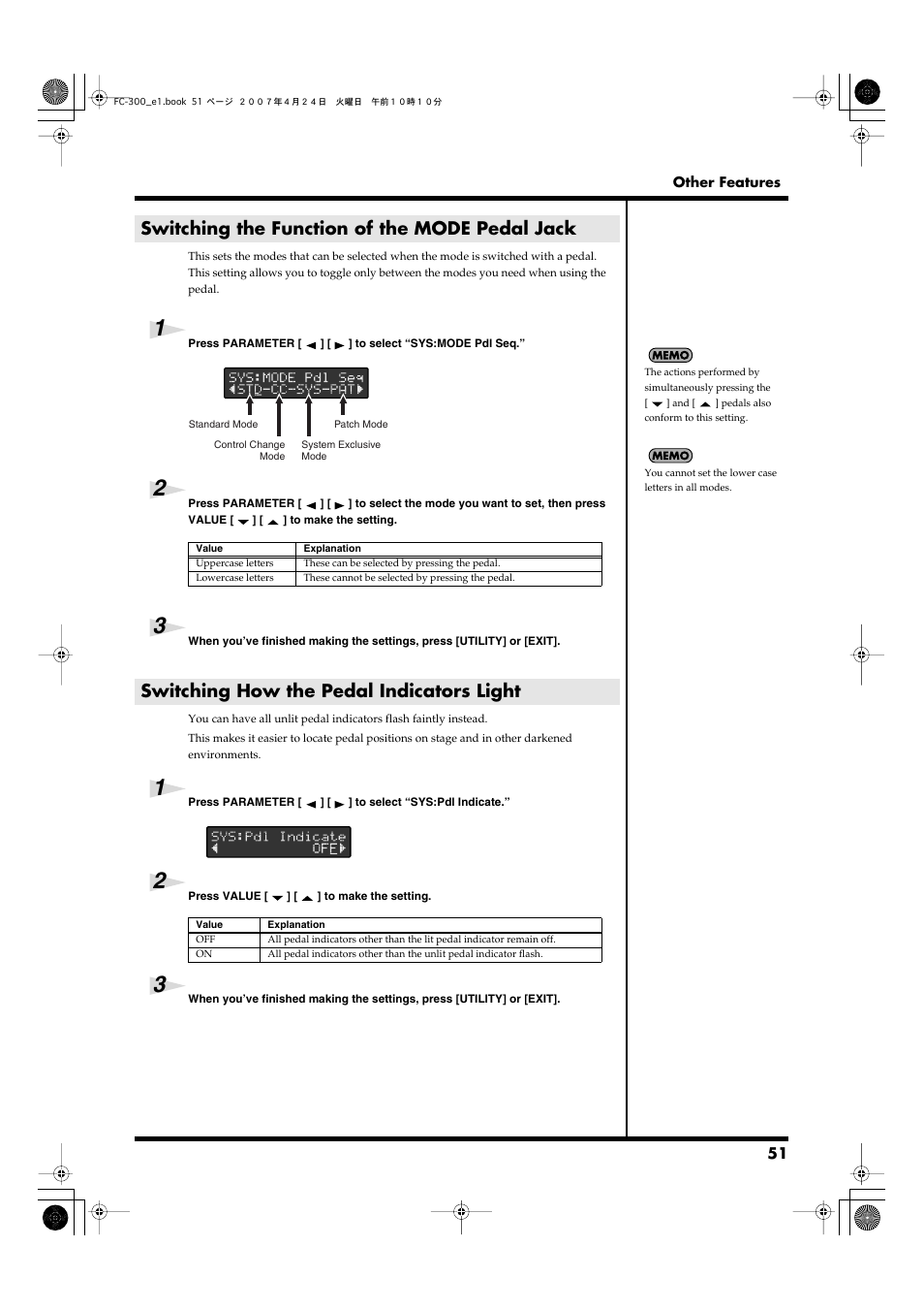 Switching the function of the mode pedal jack, Switching how the pedal indicators light | Roland FC-300 User Manual | Page 51 / 72