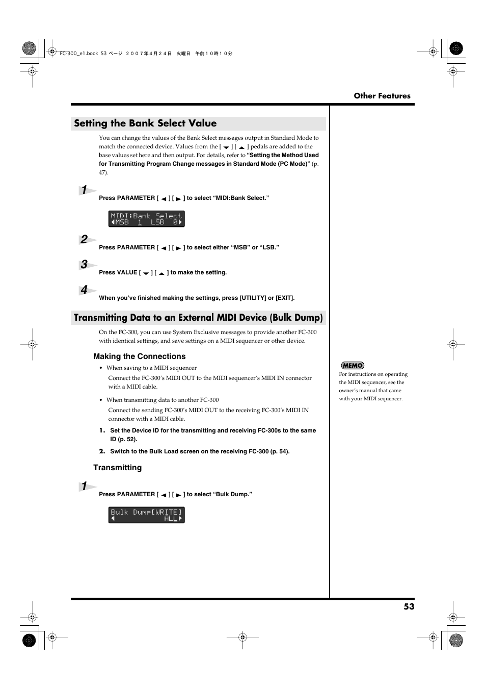 Setting the bank select value, Refer to “setting the bank select value, P. 53) | Roland FC-300 User Manual | Page 53 / 72