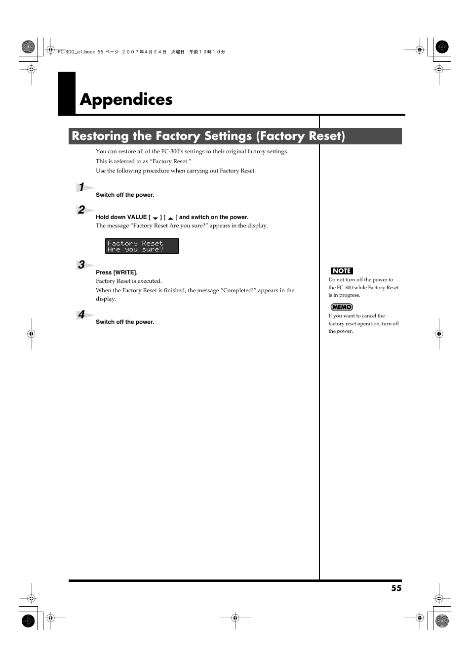 Appendices, Restoring the factory settings (factory reset) | Roland FC-300 User Manual | Page 55 / 72