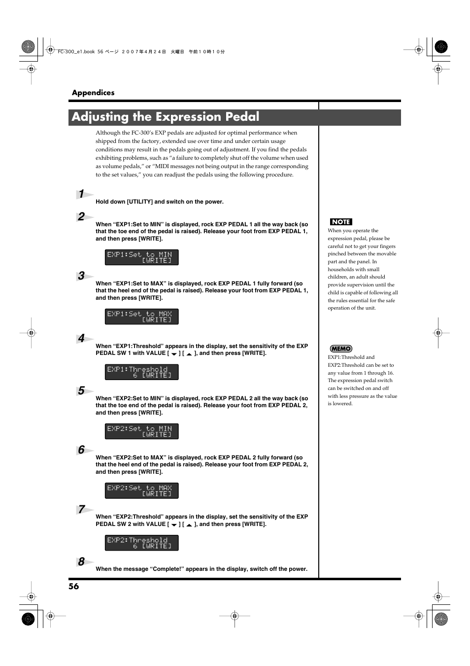 Adjusting the expression pedal | Roland FC-300 User Manual | Page 56 / 72