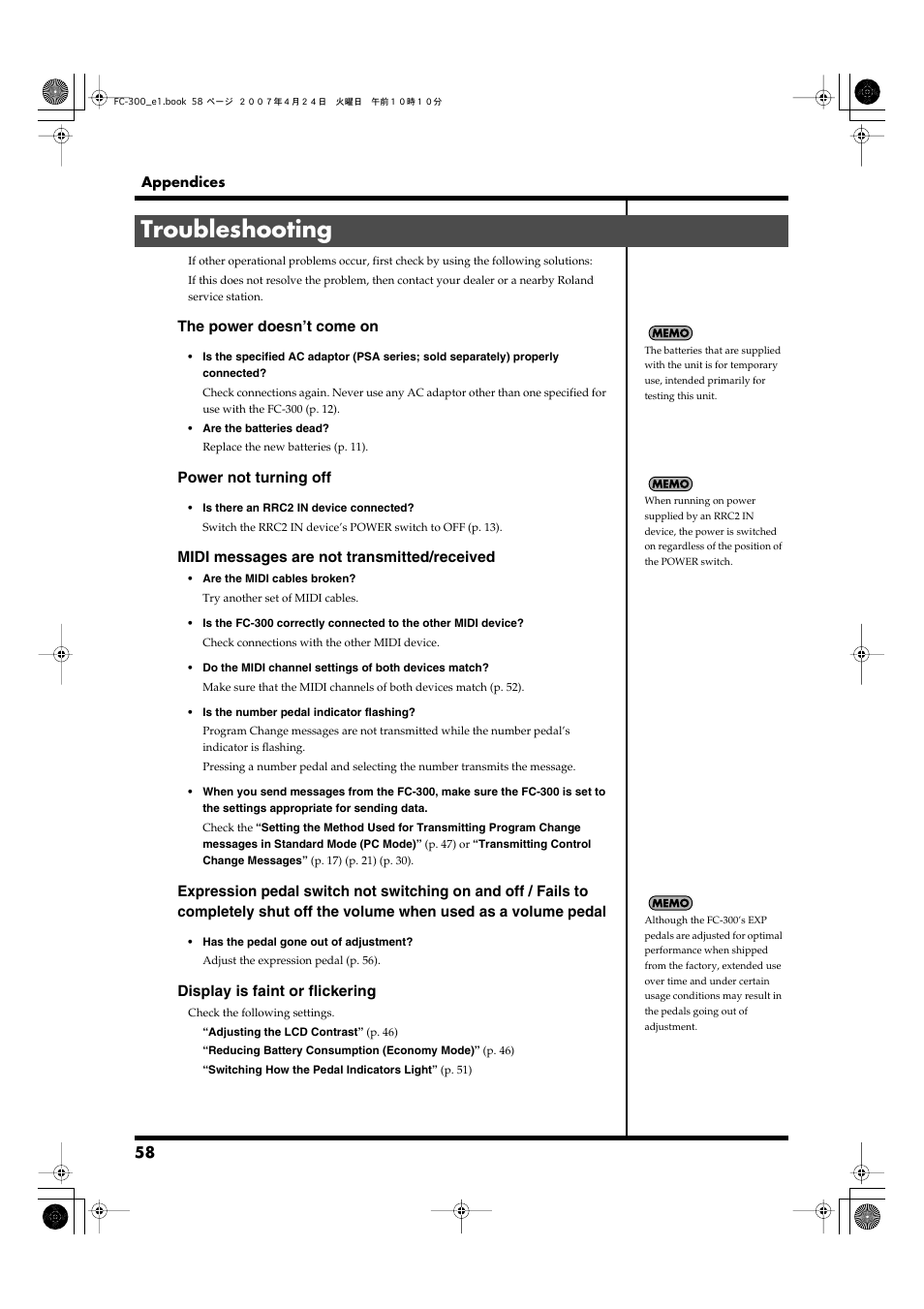 Troubleshooting | Roland FC-300 User Manual | Page 58 / 72