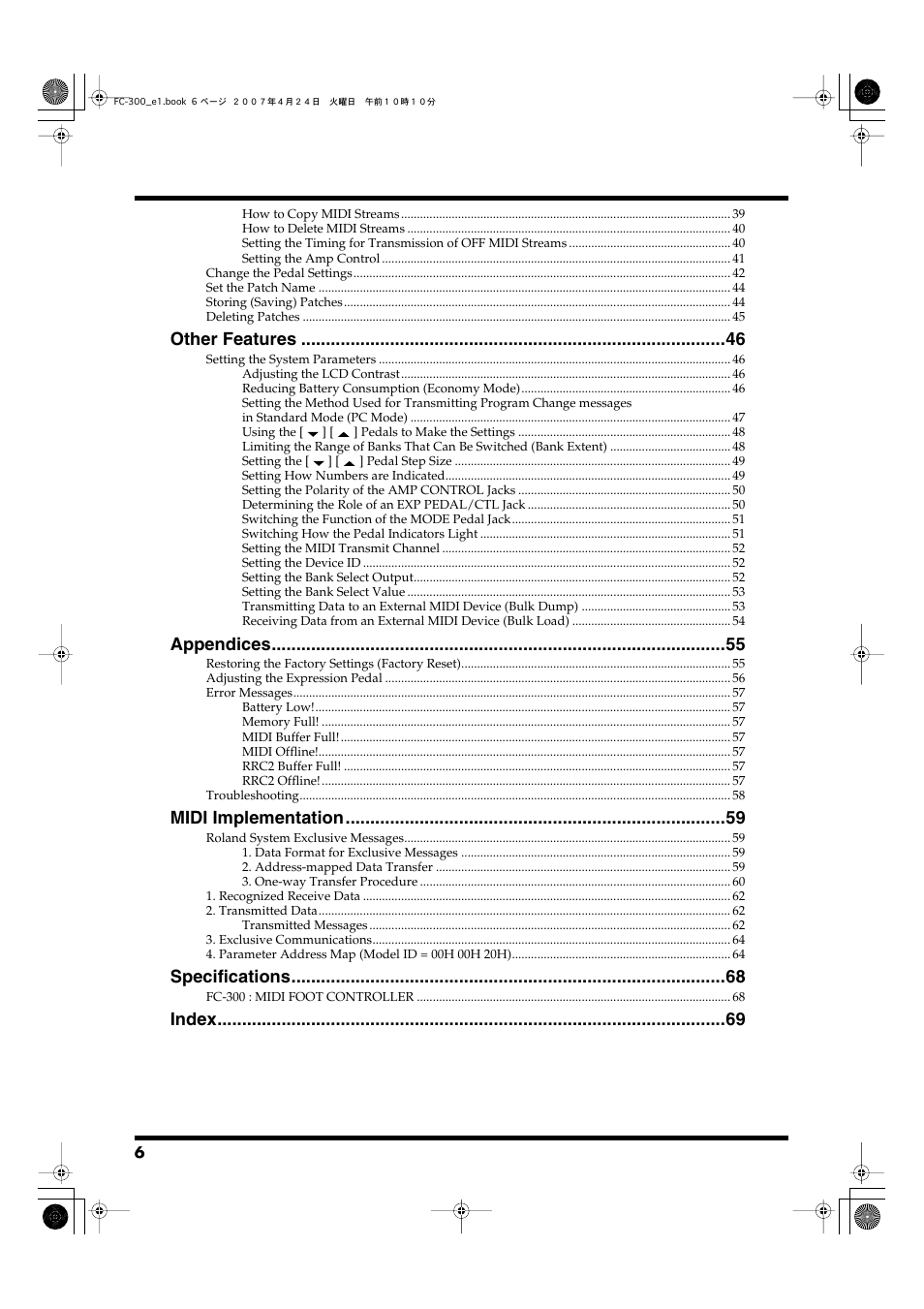 Other features, Appendices, Midi implementation | Specifications, Index | Roland FC-300 User Manual | Page 6 / 72