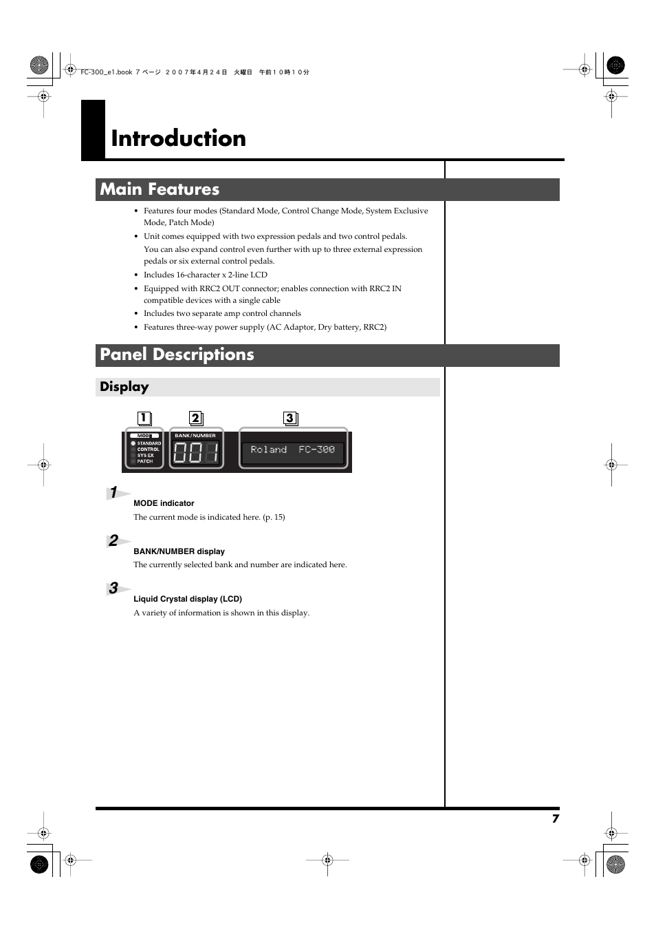 Introduction, Main features, Panel descriptions | Display, Main features panel descriptions | Roland FC-300 User Manual | Page 7 / 72