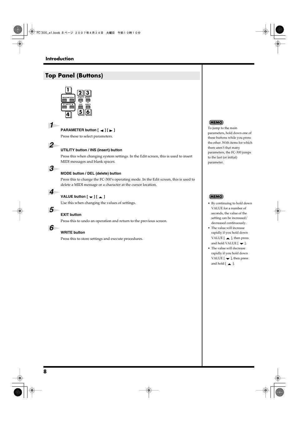 Top panel (buttons) | Roland FC-300 User Manual | Page 8 / 72