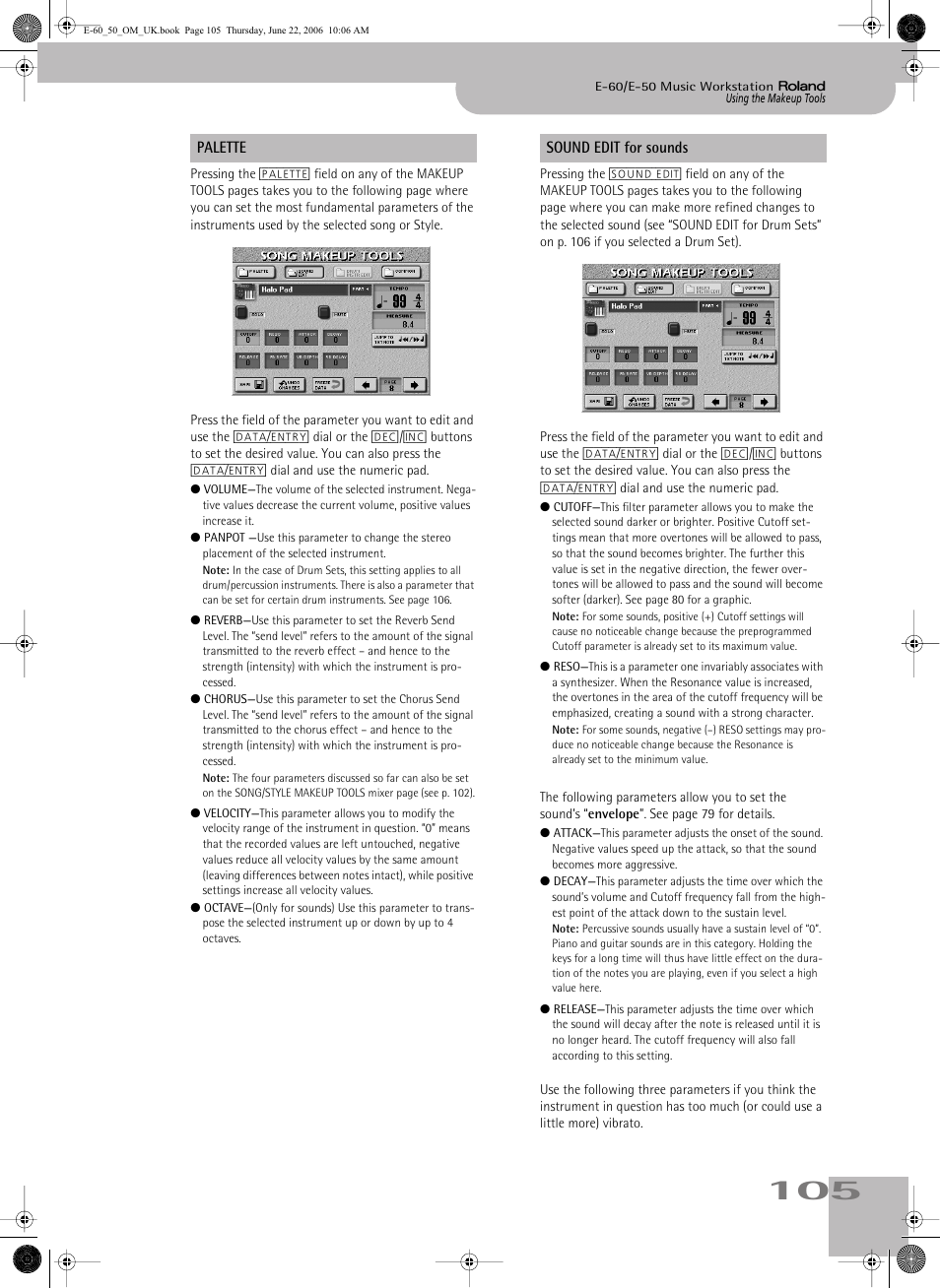 Palette sound edit for sounds | Roland E-60 User Manual | Page 105 / 220