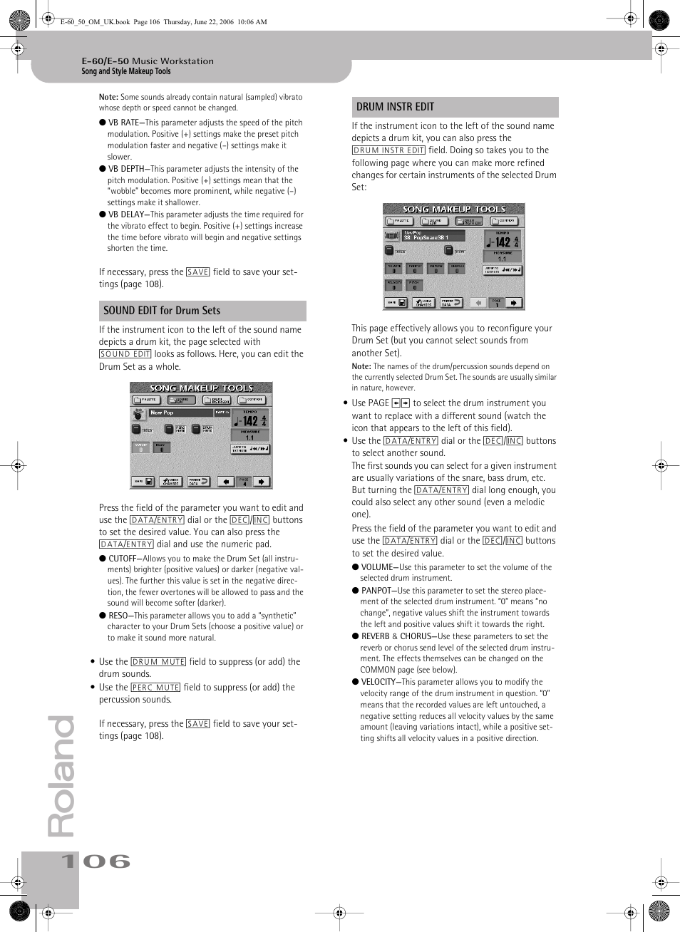 Sound edit for drum sets drum instr edit | Roland E-60 User Manual | Page 106 / 220