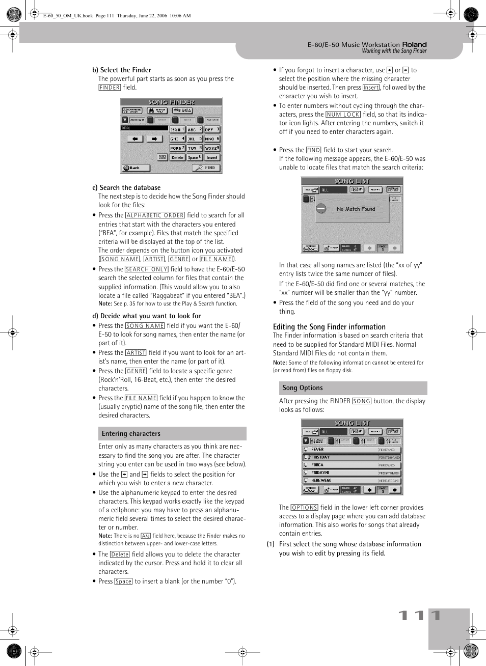 Editing the song finder information | Roland E-60 User Manual | Page 111 / 220
