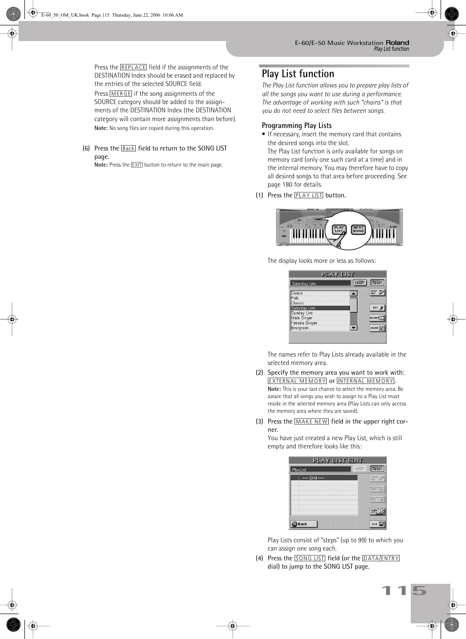 Play list function, Programming play lists | Roland E-60 User Manual | Page 115 / 220