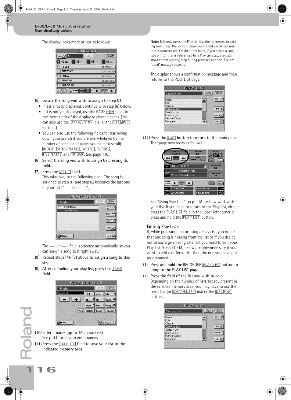Editing play lists | Roland E-60 User Manual | Page 116 / 220