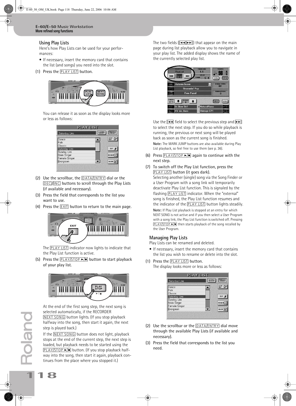 Using play lists managing play lists, See “using play lists” on p. 118 for how work with | Roland E-60 User Manual | Page 118 / 220