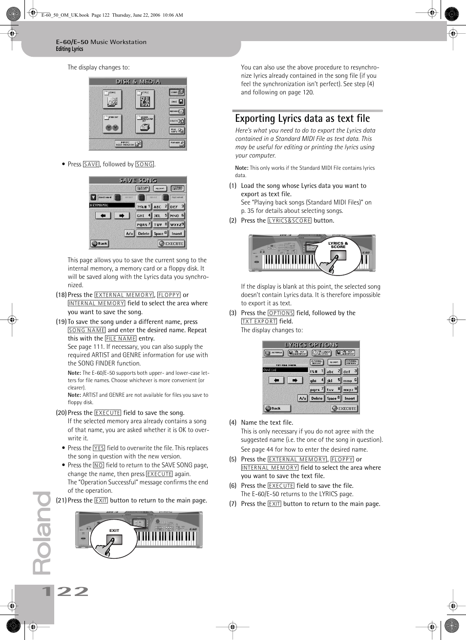 Exporting lyrics data as text file | Roland E-60 User Manual | Page 122 / 220