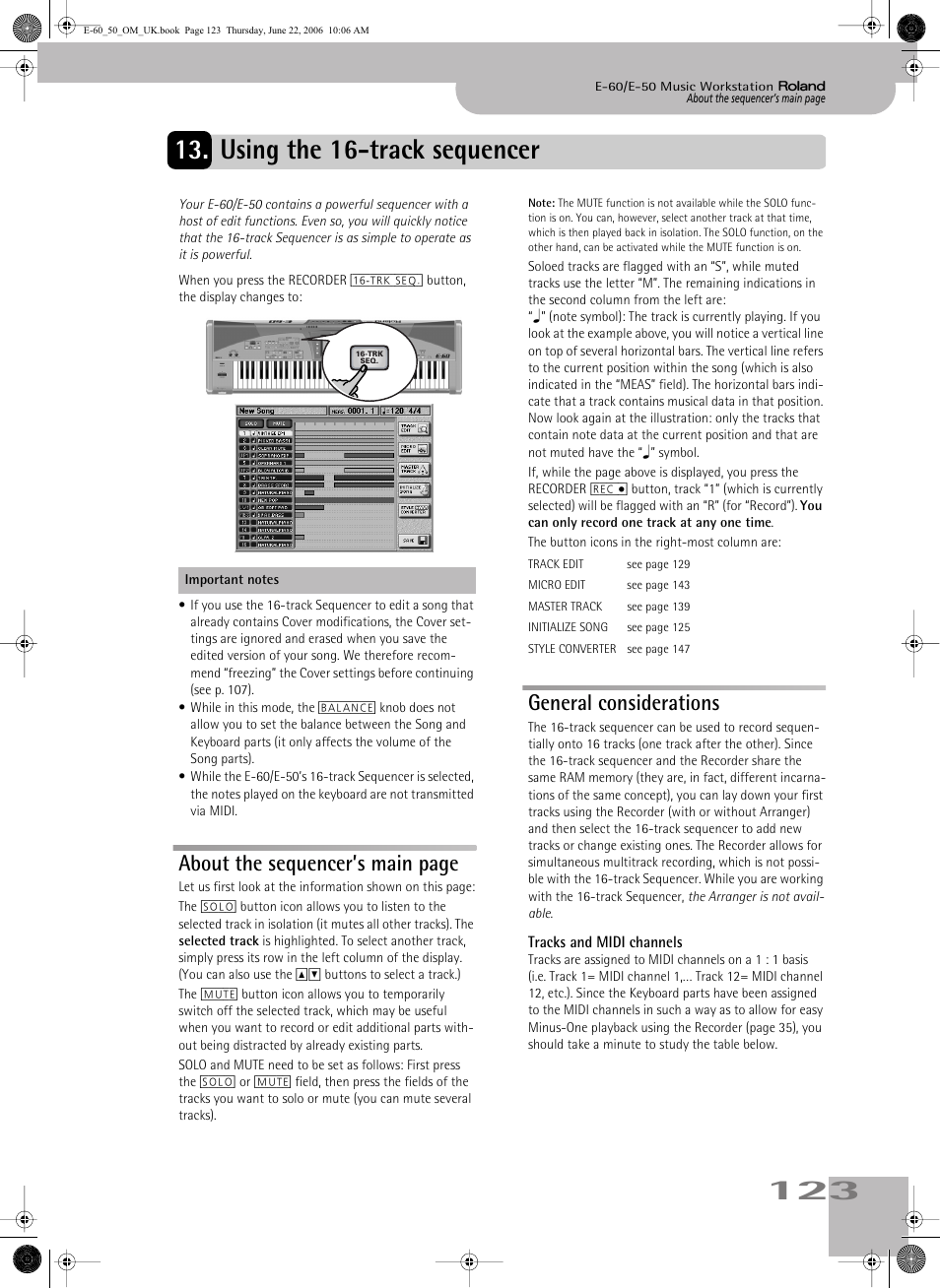 Using the 16-track sequencer, General considerations, The 16-track sequencer mode (see p. 123) | About the sequencer’s main page | Roland E-60 User Manual | Page 123 / 220