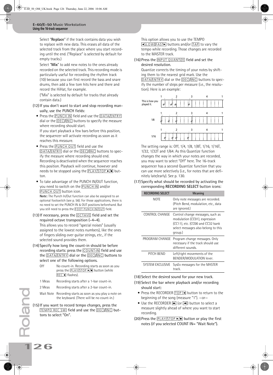 Activating the tempo rec sw parameter (see p. 126) | Roland E-60 User Manual | Page 126 / 220